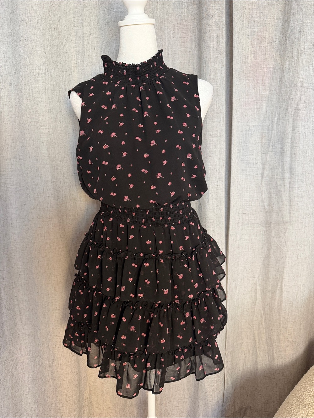 STATE Black Dress with Pink Floral Ruffle Skirt
